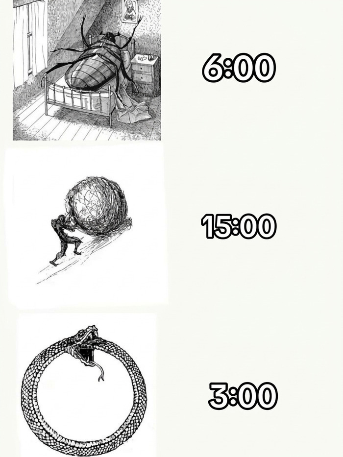 Meme sin contexto que muestra tres ilustraciones surrealistas con horarios.