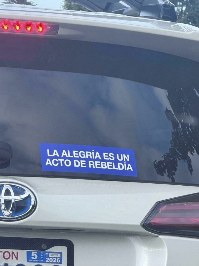 Parte trasera de un coche con pegatinas en los parachoques azul que dice La alegría es un acto de rebeldía.