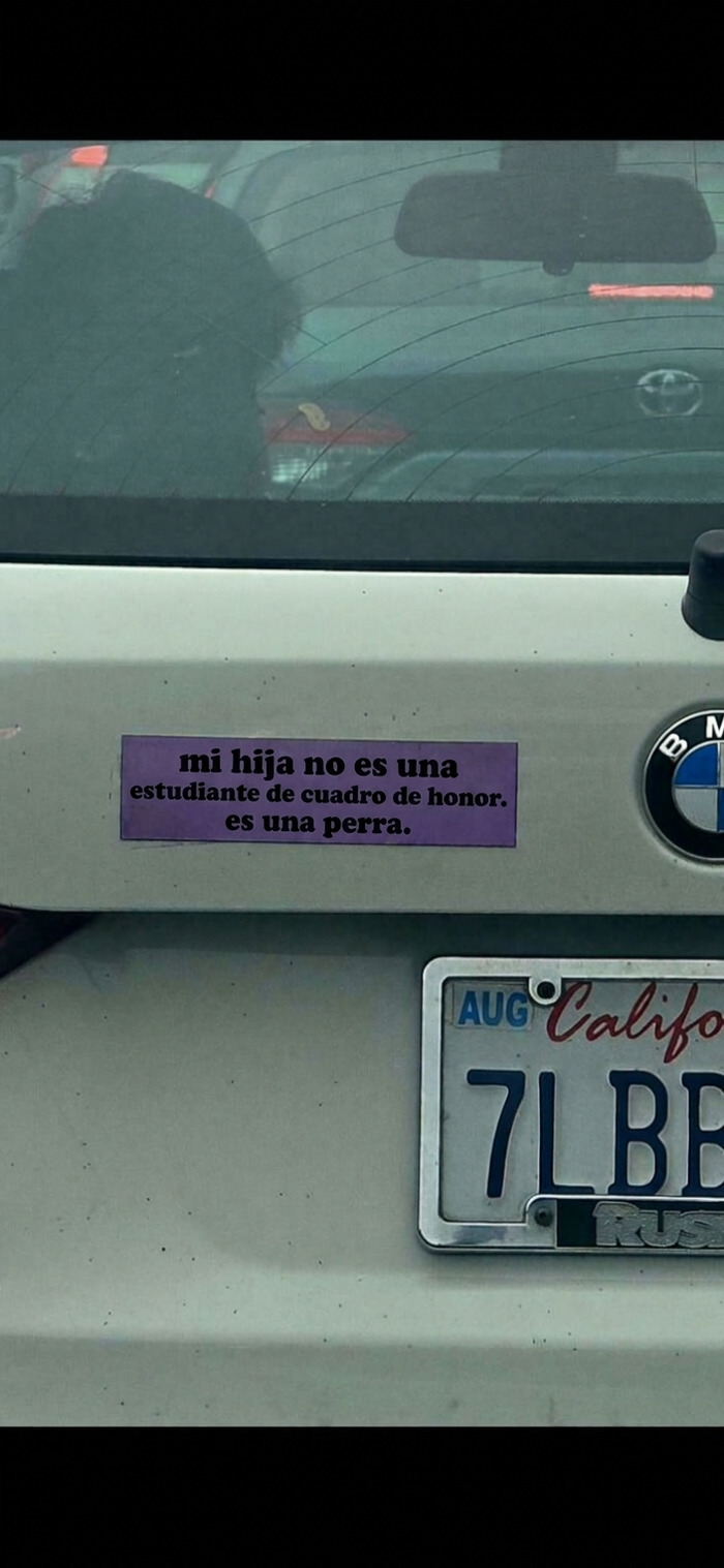 Divertidas pegatinas en los parachoques de los coches pegadas en el portón trasero de un coche blanco.