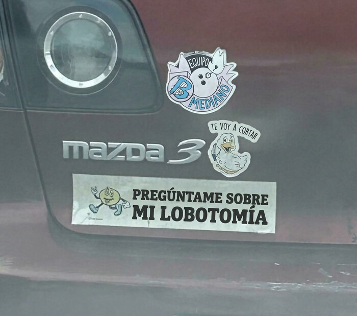 Parte trasera de coche con varias pegatinas divertidas en los parachoques incluyendo una de lobotomía