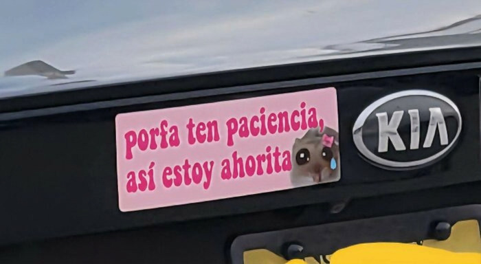 Divertida pegatina en el parachoques rosa de un auto Kia pidiendo paciencia.