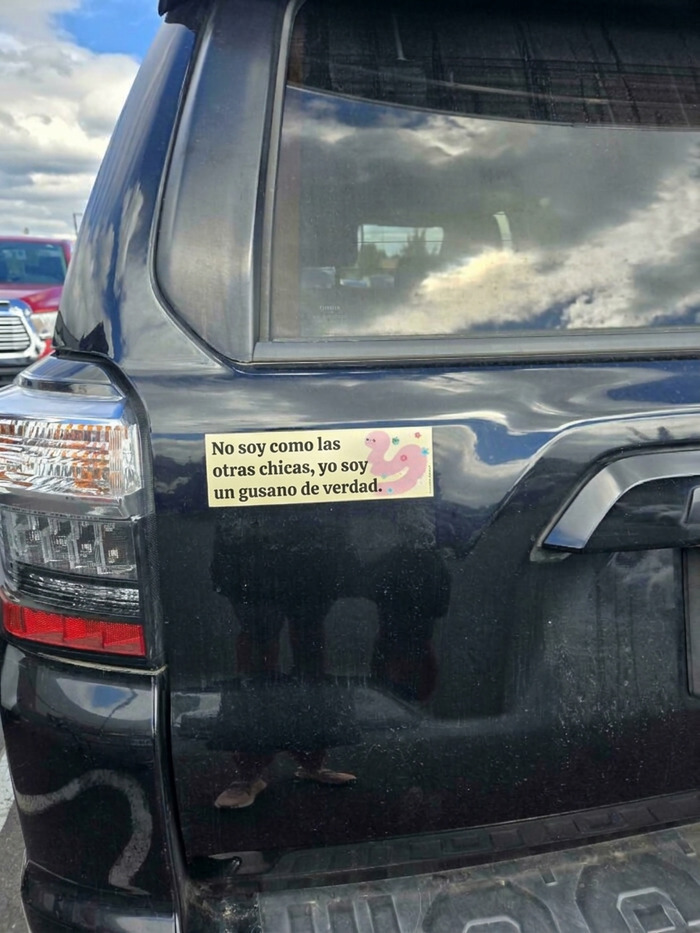 Pegatina divertida en un coche negro con un diseño de gusano y texto humorístico.
