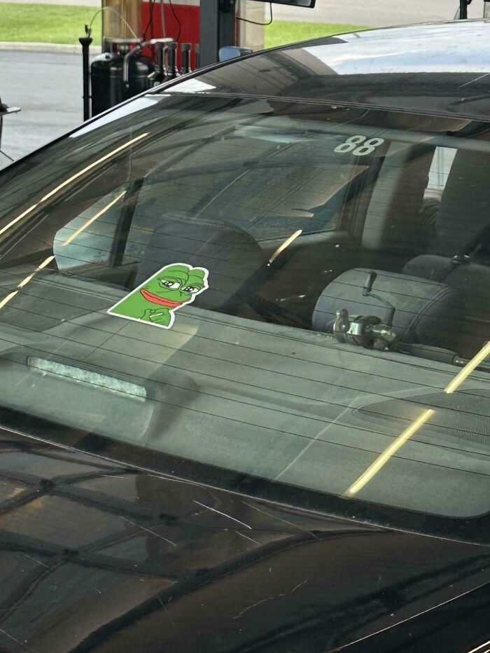 Pegatina divertida de la rana Pepe colocada en la luneta trasera de un coche.