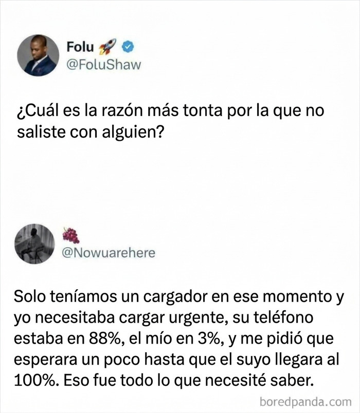 Interacción en redes sociales con tuits divertidos sobre razones absurdas para no salir con alguien.
