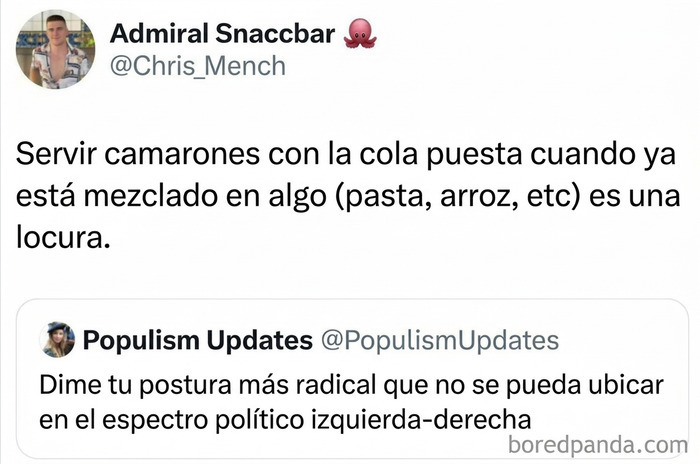Captura de pantalla de tuits divertidos sobre la postura más radical y los camarones con cola.