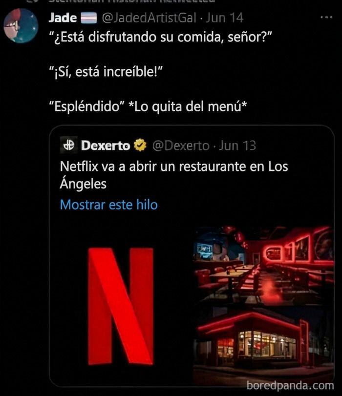 Tuits divertidos sobre Netflix abriendo un restaurante y cancelando la comida del menú.