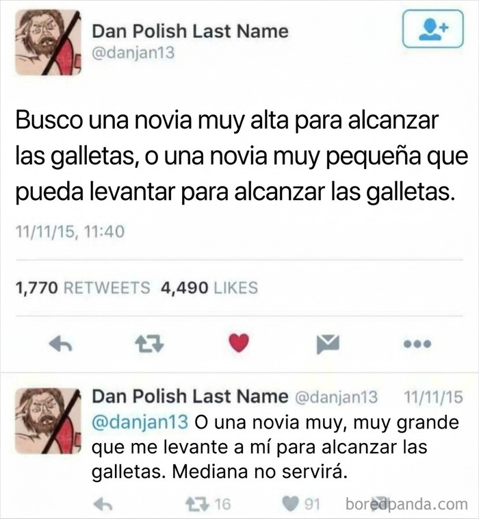 Tuits divertidos sobre los insólitos requisitos para encontrar una novia para alcanzar las galletas.