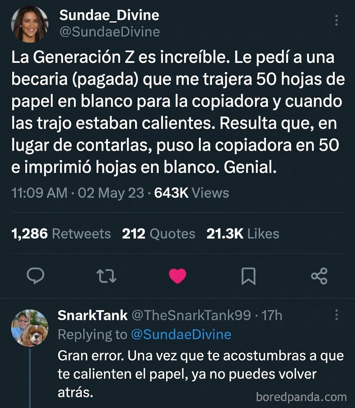 Tuits divertidos sobre una becaria y el uso de la copiadora.