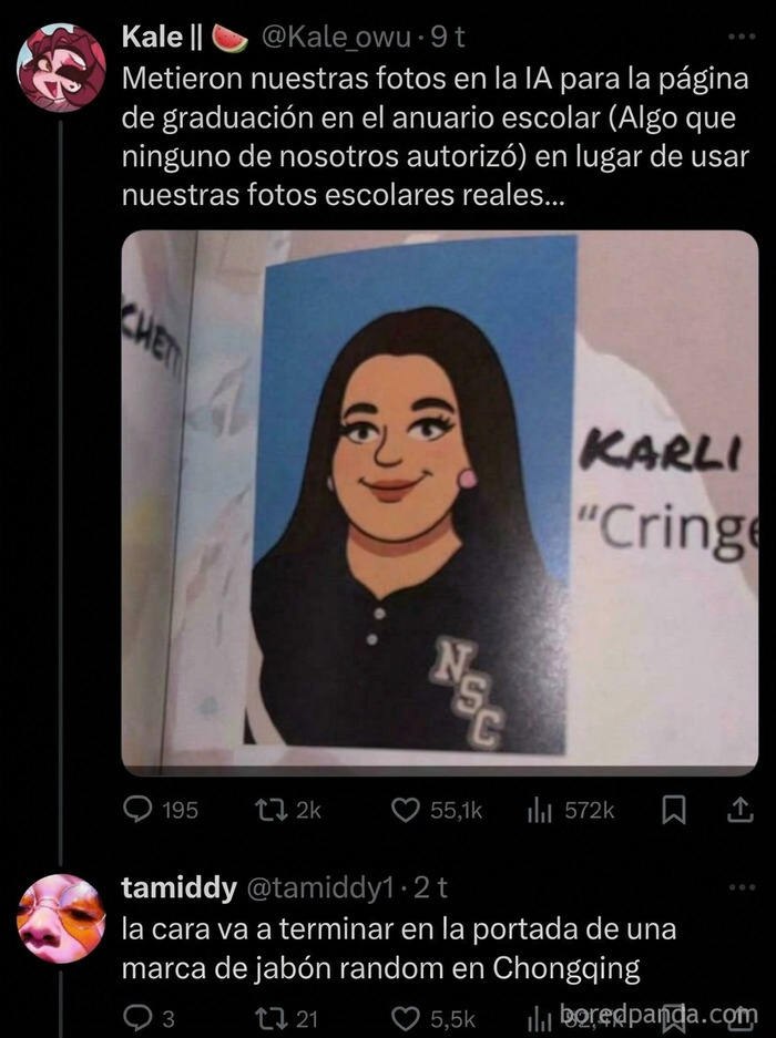 Tuits divertidos mostrando un anuario escolar hecho con IA.