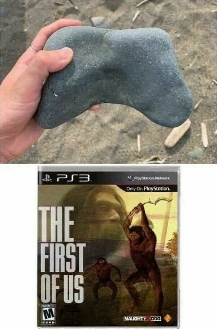 Piedra con forma de mando de consola y juego parodia, contenido entre mentiras ridículas publicadas en internet.