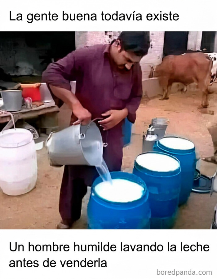 Meme gracioso de mentiras ridículas sobre un hombre vertiendo agua en barriles de leche.
