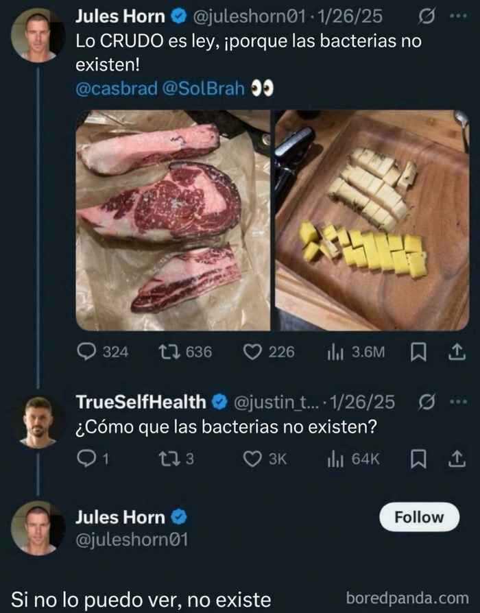 Publicación absurda sobre comida cruda y bacterias, ejemplo de mentiras ridiculas publicadas en internet.