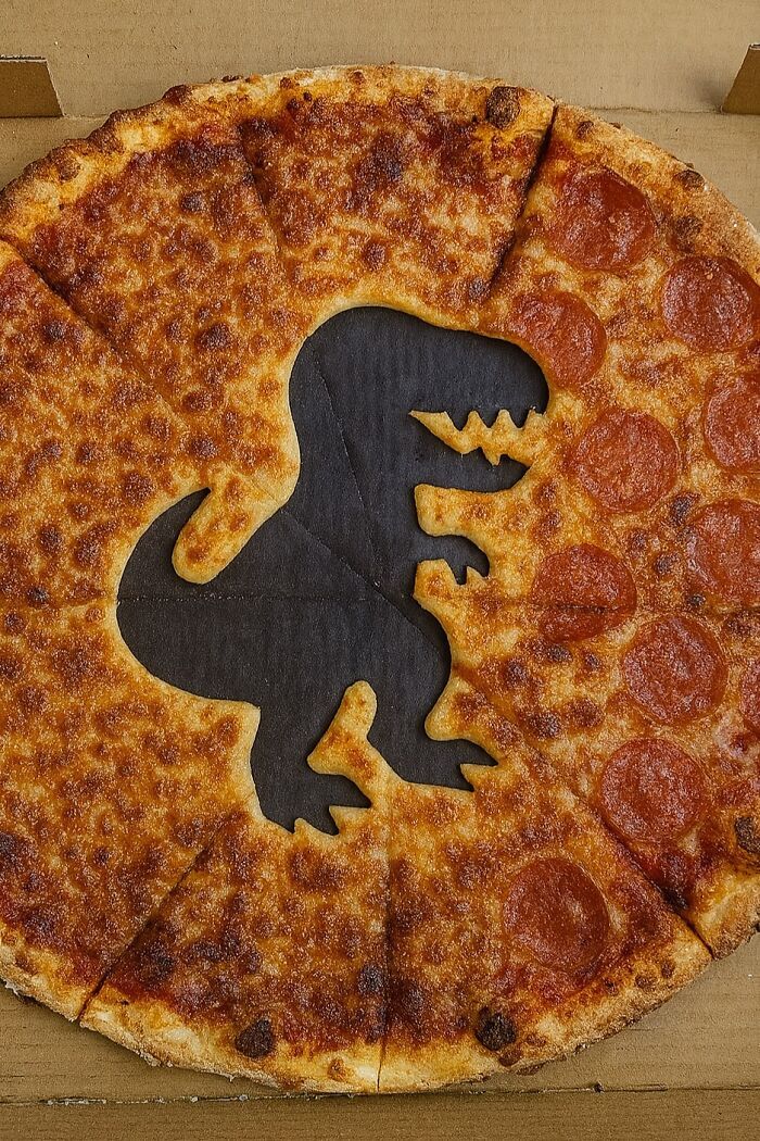 Pizza con la silueta de un dinosaurio recortada, una de las mentiras ridiculas publicadas en internet.