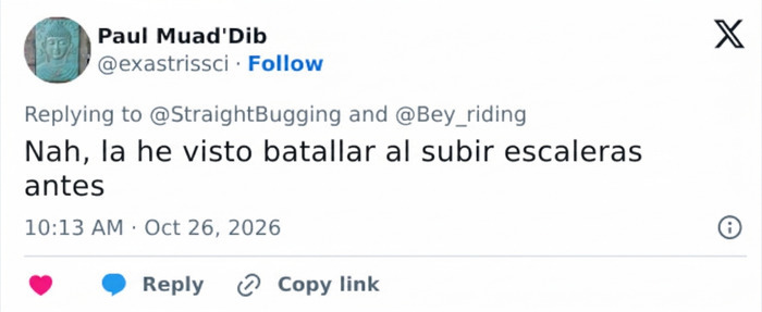 Mensaje en red social donde comentan que Nicki Minaj tiene dificultades para caminar.