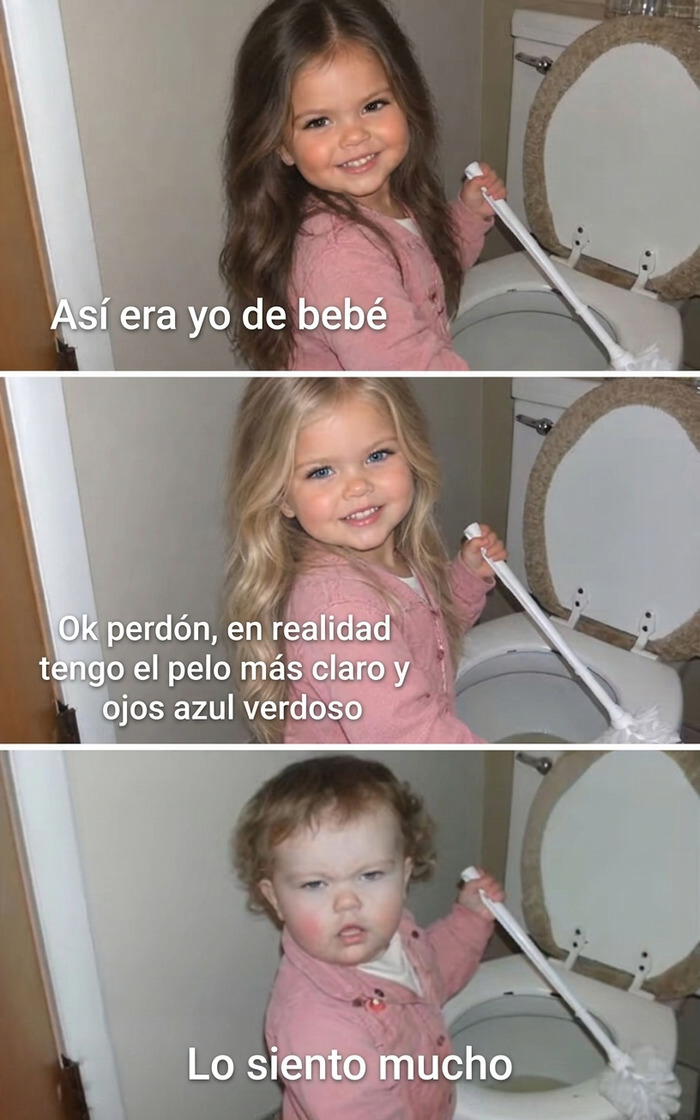 Meme de la tendencia Lo siento mucho de TikTok con fotos editadas de una niña frente al inodoro.
