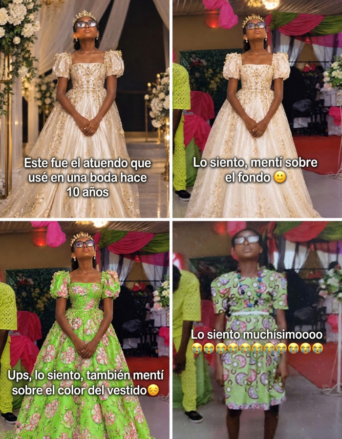 Meme con una transformación de vestido elegante en la tendencia Lo siento mucho de TikTok.