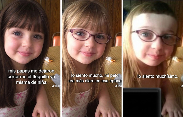 Meme divertido de una niña que muestra la tendencia Lo siento mucho de TikTok con su corte de cabello.
