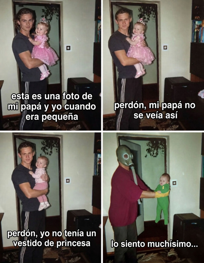 Meme gracioso con transformación de un hombre y un bebé, como parte de la tendencia Lo siento mucho de TikTok.