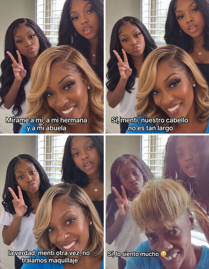 Meme de la tendencia Lo siento mucho de TikTok mostrando una graciosa transformación de tres mujeres.