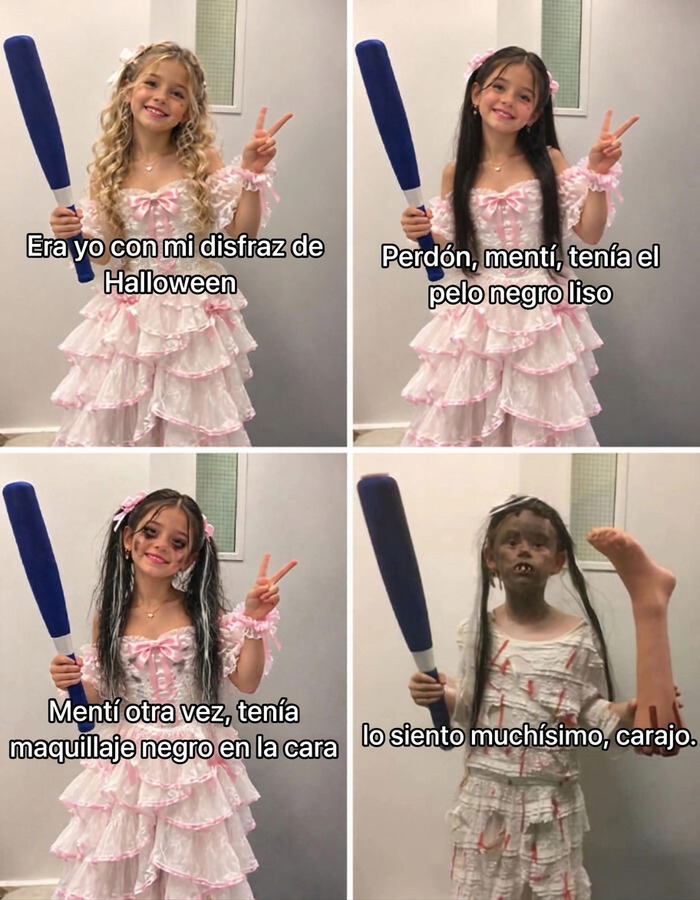 Cuatro imágenes de una niña con disfraz modificadas para el trend Lo siento mucho de TikTok.