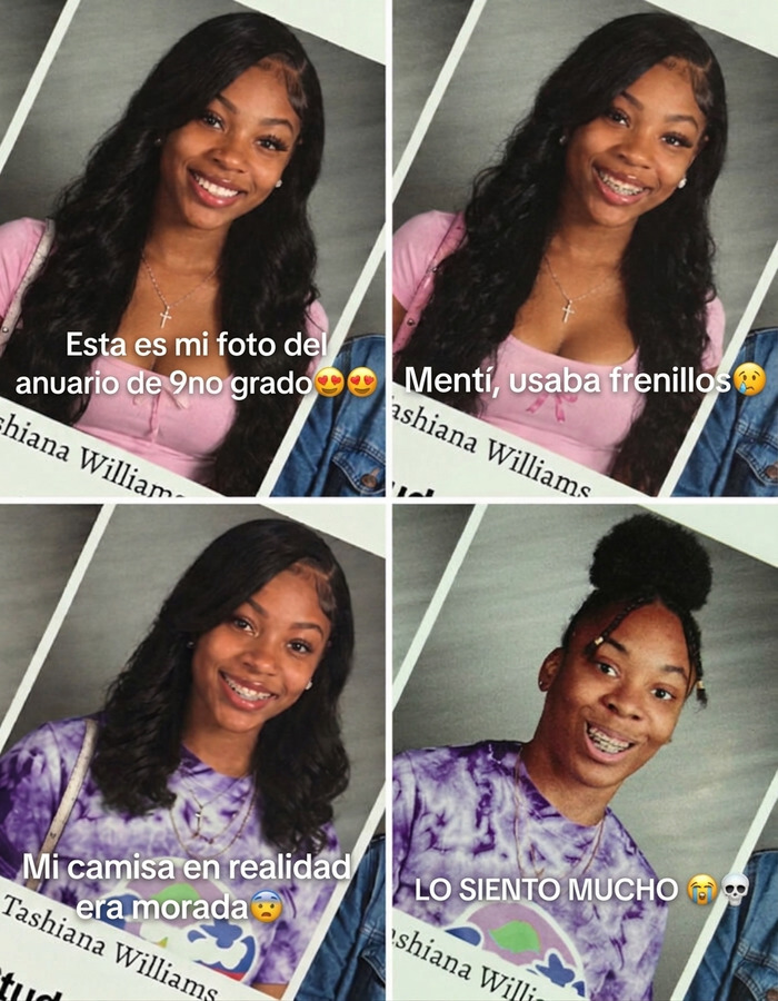 Collage de cuatro fotos de una joven editada con la tendencia Lo siento mucho de TikTok.