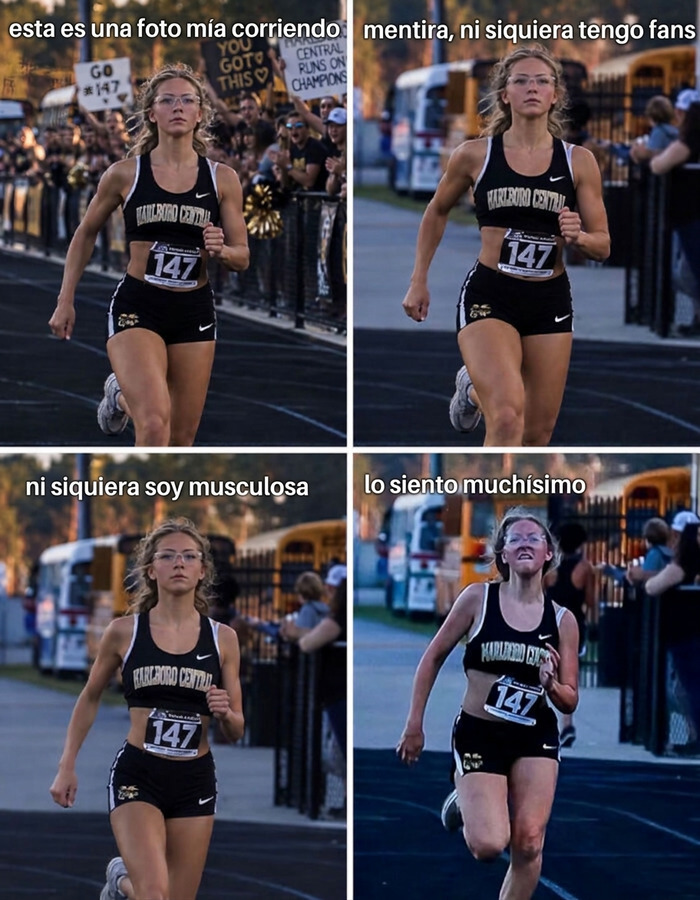 Meme de la tendencia Lo siento mucho de TikTok con una chica corriendo en una competencia de atletismo.