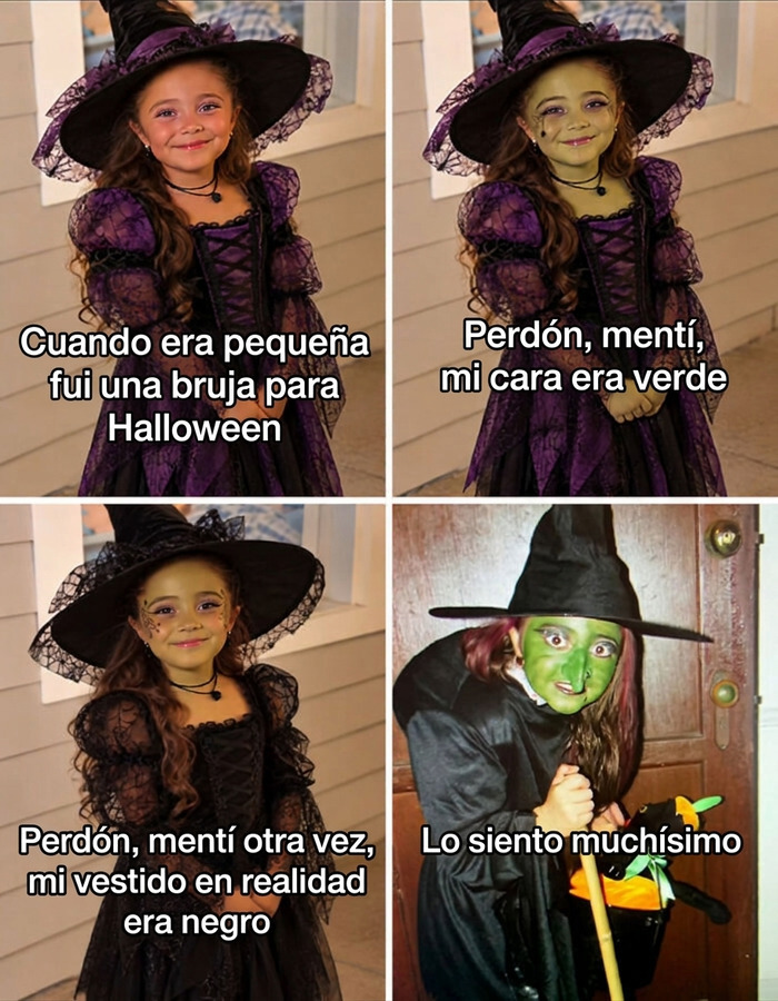 Meme de la tendencia Lo siento mucho de TikTok mostrando la divertida transformación de un disfraz de bruja.