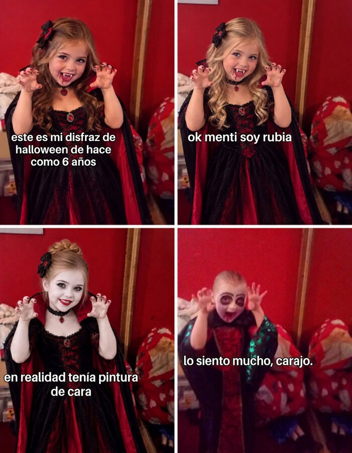 Meme gracioso de la tendencia Lo siento mucho de TikTok sobre un disfraz de vampiro infantil.