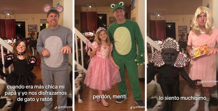 Padre e hija mostrando sus divertidos disfraces en varias fotos como parte del trend de TikTok.
