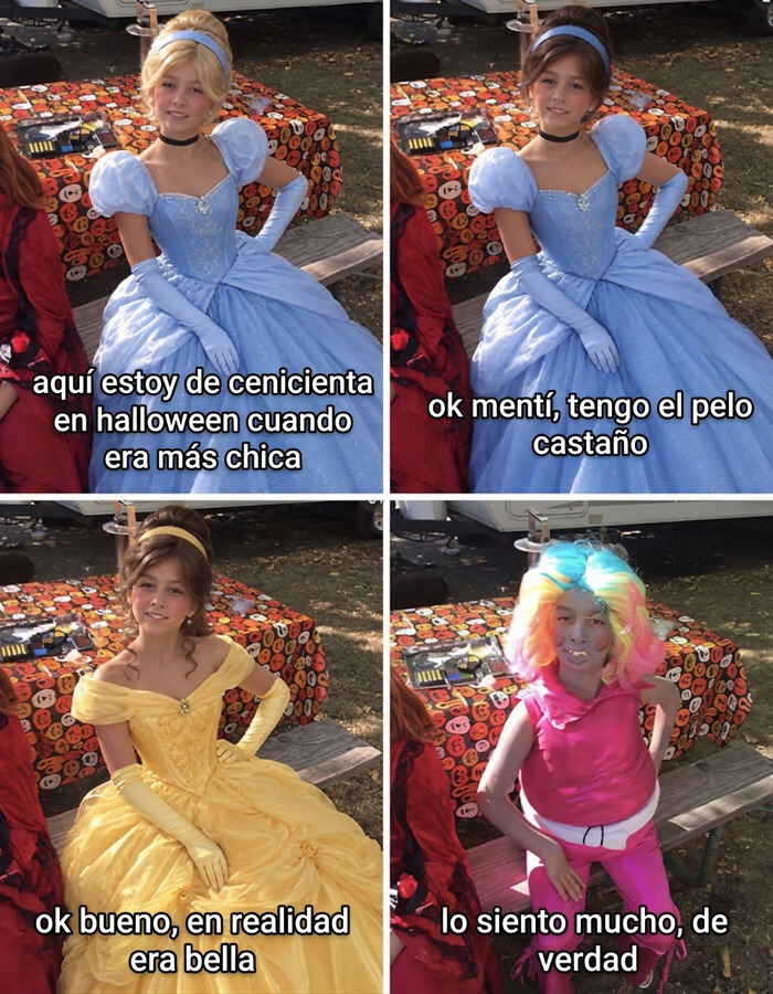 Chica con disfraces de princesas y un maquillaje gracioso al final, siguiendo una tendencia viral de TikTok.