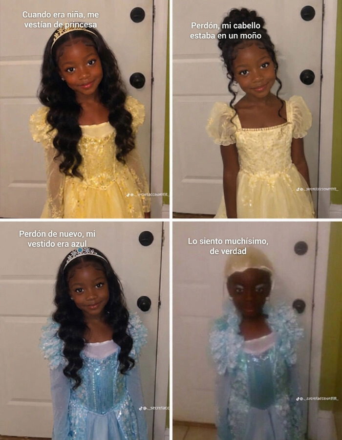 Serie de cuatro fotos de una niña disfrazada que cambia gradualmente en este divertido trend de TikTok.