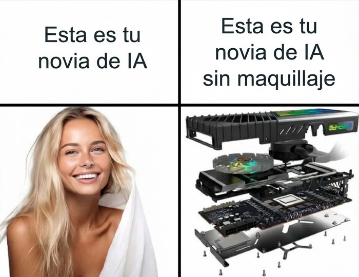 Comparación cómica entre novia de IA y componentes de PC en memes divertidos.