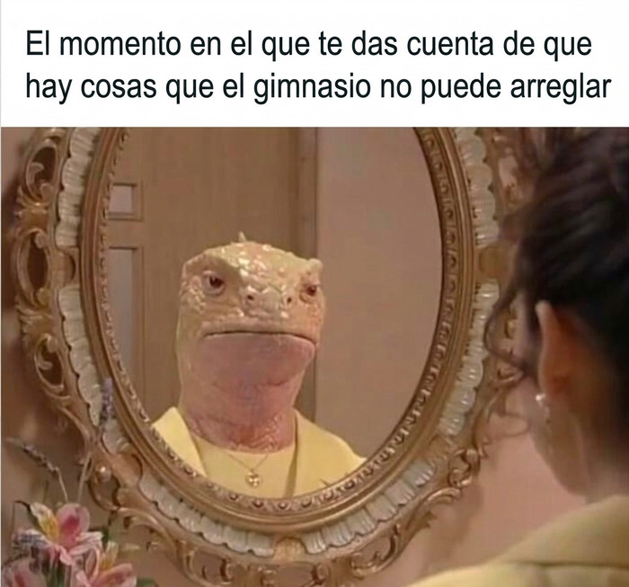 Meme divertido de un personaje de lagarto mirándose al espejo sobre hábitos cuestionables y el gimnasio.