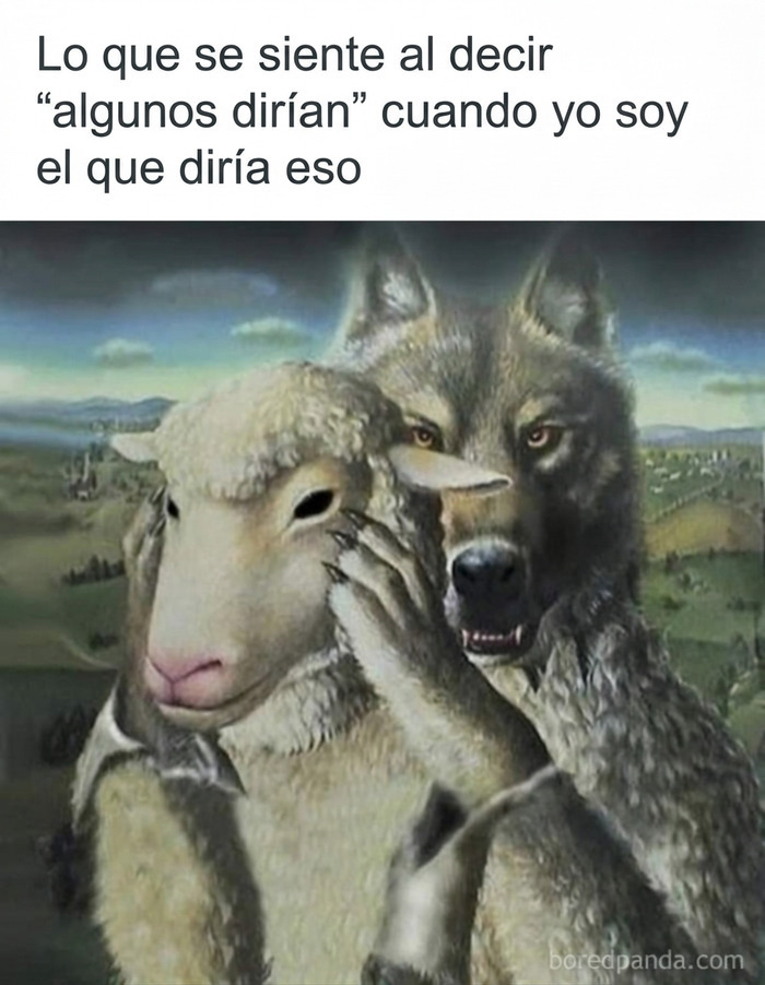 Ilustración de un lobo disfrazado de oveja, representando memes divertidos sobre hábitos cuestionables.