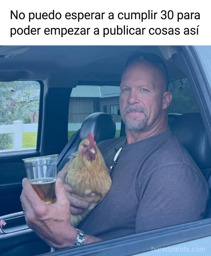 Un hombre maduro en un vehículo sosteniendo una gallina y una cerveza en memes divertidos