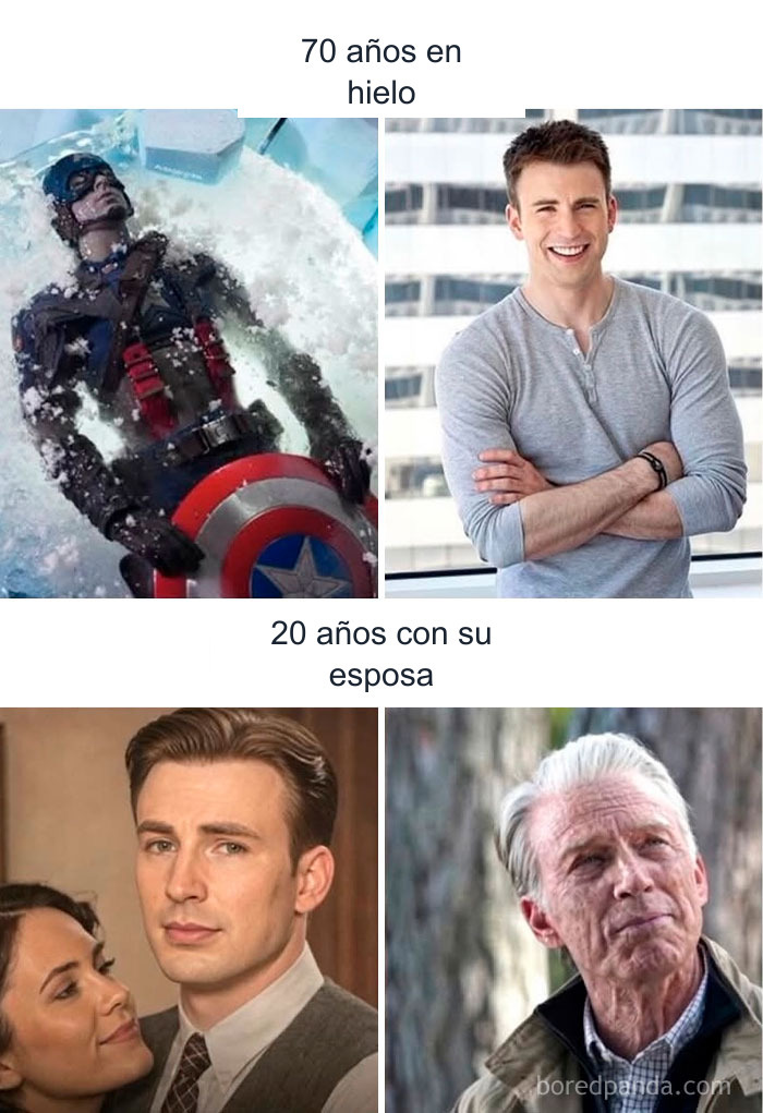 Memes divertidos sobre Capitán América comparando el envejecimiento en el hielo con el matrimonio