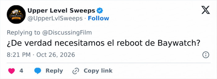 Comentario en X cuestionando la necesidad del reboot de Los vigilantes de la playa. Comentario en X cuestionando la necesidad del reboot de Los vigilantes de la playa.