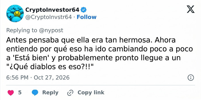 Publicaci&oacute;n en X de CryptoInvestor64 opinando sobre Jennifer Lawrence y la cirug&iacute;a pl&aacute;stica