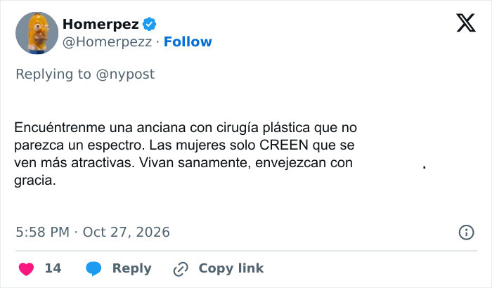 Captura de pantalla de un tweet de Homerpez criticando los efectos de la cirug&iacute;a pl&aacute;stica
