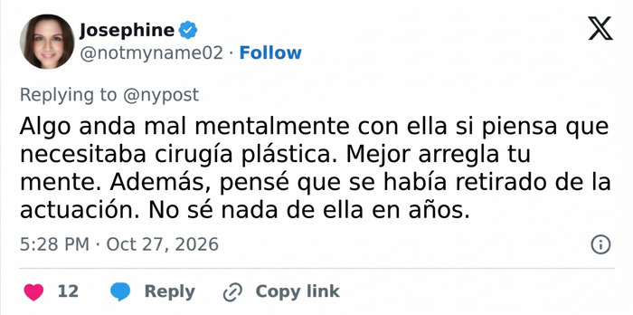 Tweet de Josephine expresando su opini&oacute;n sobre Jennifer Lawrence y la cirug&iacute;a pl&aacute;stica