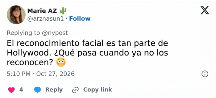 Publicaci&oacute;n en redes sobre Jennifer Lawrence y el debate de la cirug&iacute;a pl&aacute;stica en Hollywood.