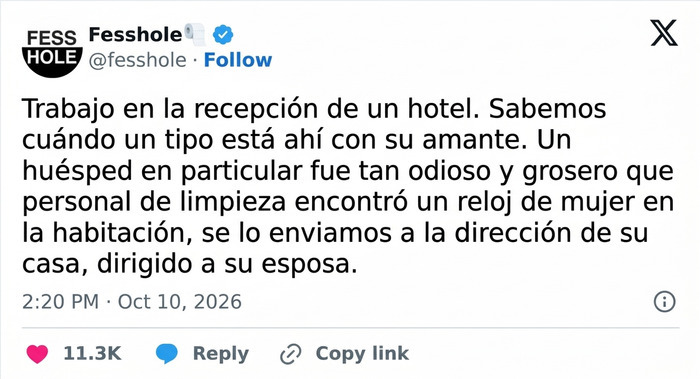 Captura de pantalla de confesiones anónimas en redes sociales sobre una venganza en un hotel
