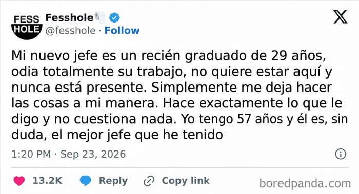 Captura de pantalla de la cuenta de X Fesshole con confesiones anónimas sobre un jefe joven y comprensivo.