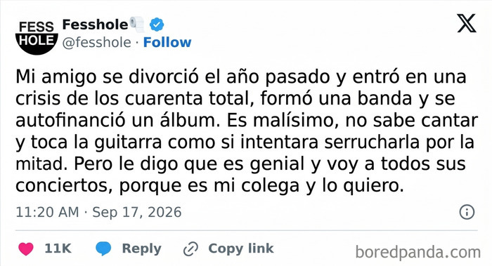 Publicación de X de la cuenta Fesshole compartiendo confesiones anónimas sobre apoyar la banda de un amigo.