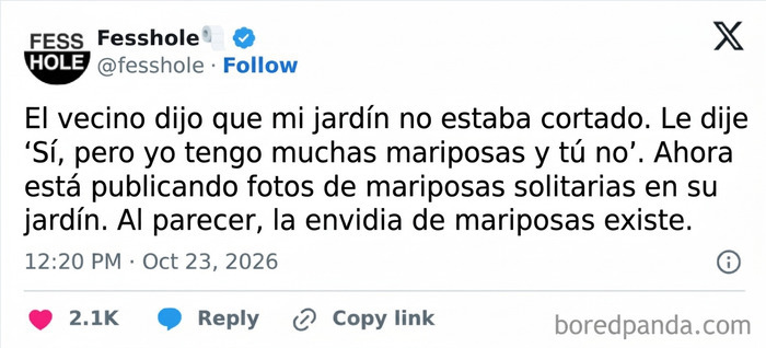 Mensaje de X de la cuenta Fesshole con confesiones anónimas acerca de la rivalidad de jardines y mariposas.