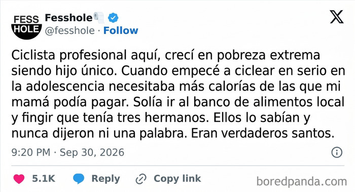 Captura de X de Fesshole con confesiones anónimas sobre un ciclista y la ayuda del banco de alimentos.