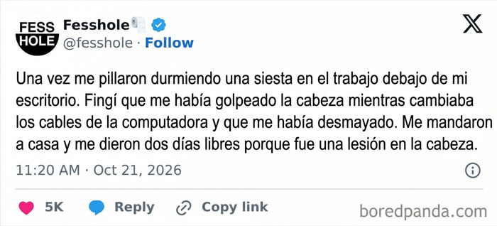 Captura de pantalla con confesiones anónimas sobre fingir un accidente en el trabajo
