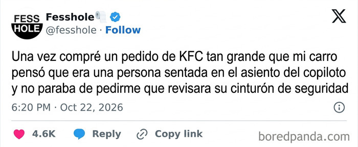Publicación con una de las confesiones anónimas sobre un gran pedido de comida rápida que activó el sensor del coche