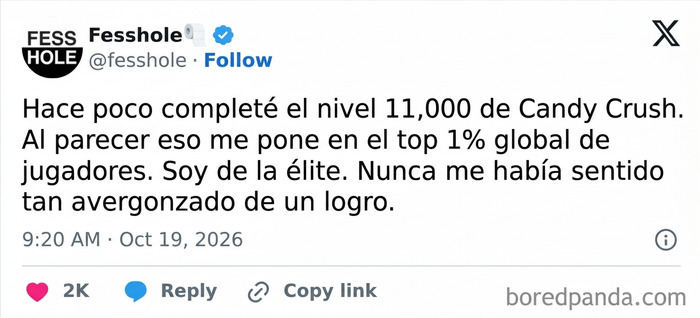 Publicación de confesiones anónimas sobre llegar al nivel 11000 en Candy Crush.