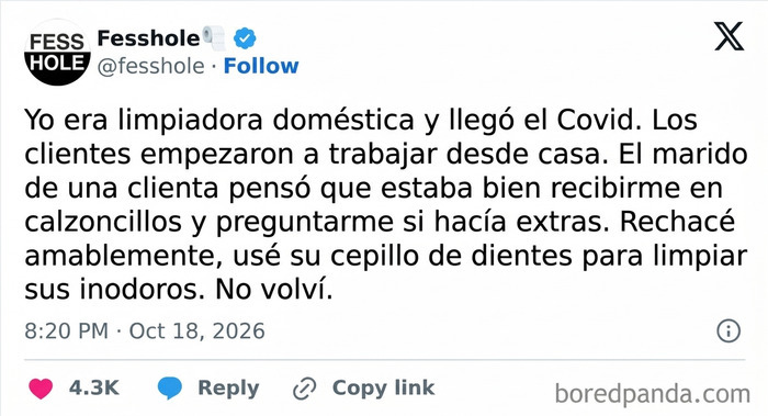 Mensaje de redes con confesiones anónimas sobre la venganza de una limpiadora doméstica.